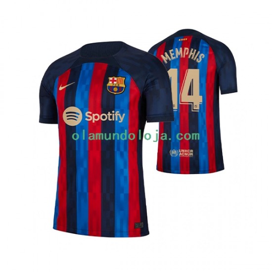 Camisola FC Barcelona Memphis Depay 14 Homem Equipamento Primeiro 2022-2023 Manga Curta